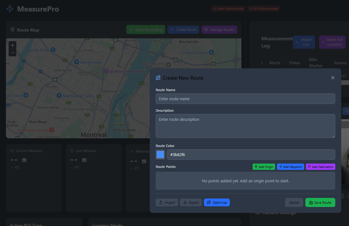 MeasurePro Mapping Interface - Real-time vehicle tracking with GPS trail, measurement points, and route planning capabilities