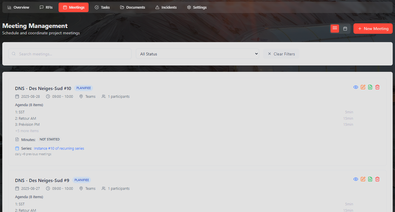 Project+ Meetings Workspace - Agenda builder, live minutes, and task auto-assignment